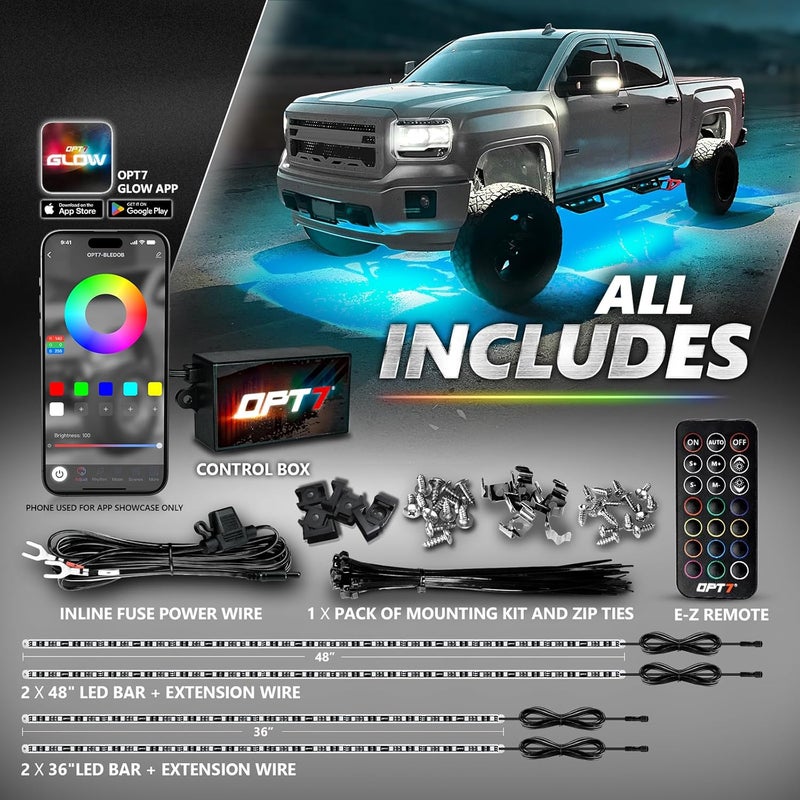 OPT7 Aura Pro Rigid RGB LED Underglow Kit for Trucks Trailers Pickups with App & Remote Control, Multi Colors Music Modes, 4 PCS Waterproof Aluminum Light Bars, Exterior Neon Under Car Lights - Image 2